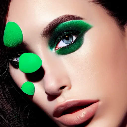 Image similar to photo of beautiful model with green eye shadow, beauty campaign, sephora, pat mcgrath, bobbi brown, photoshoot, closeup, real life skin, sharp focus