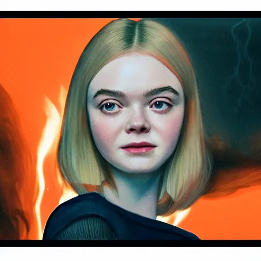 Prompt: Elle Fanning surrounded by orange napalm flames in the style of Paola Vetri, head and shoulders portrait, stormy weather, extremely detailed masterpiece, oil on canvas, low-key neon lighting, artstation, Blade Runner 2049, Roger Deakin’s cinematography, by J. C. Leyendecker and Peter Paul Rubens and Edward Hopper and Michael Sowa,