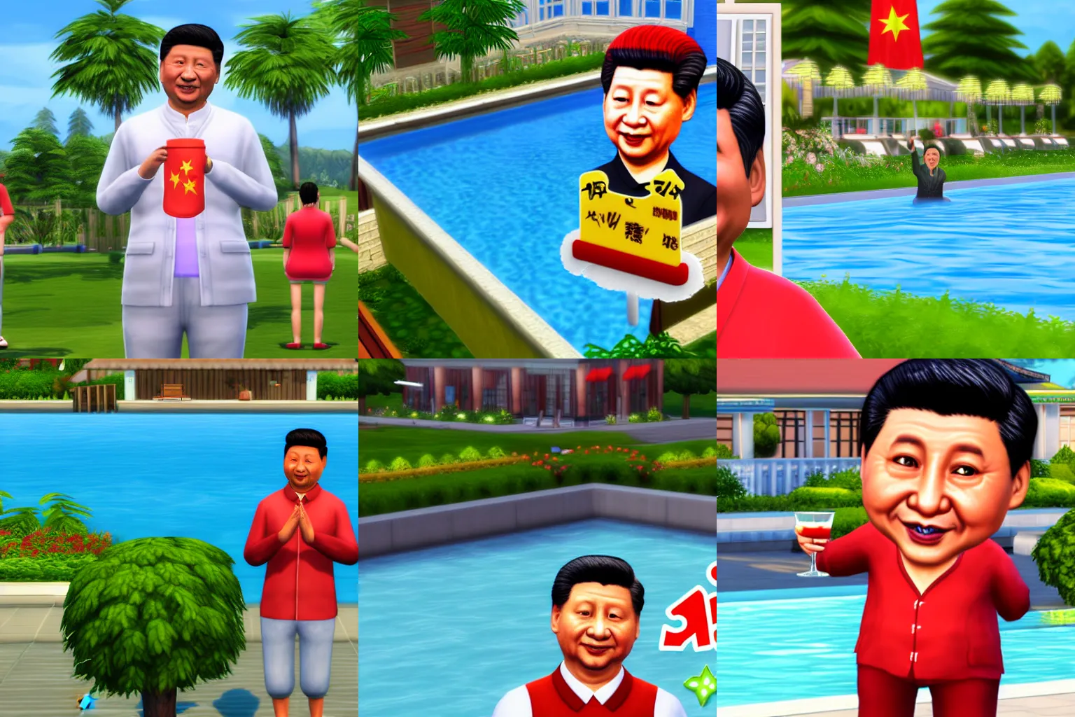 Prompt: xi jinping as a sims 4 character by the pool, wearing a tutu and drinking a margharita