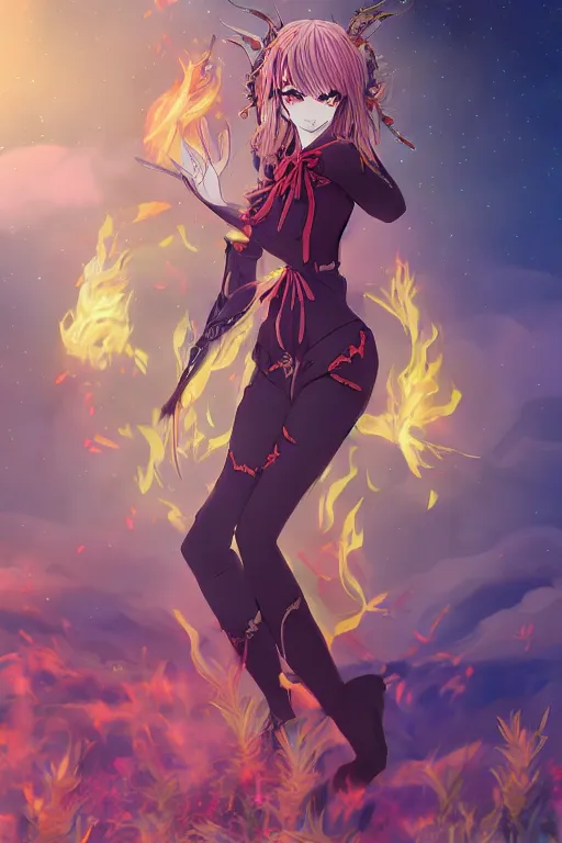 Image similar to a anime of beautiful full body concept art, ultra beautiful face, queen of hell wearing full fire clothing standing in a field, by BUNBUN, by mai yoneyama