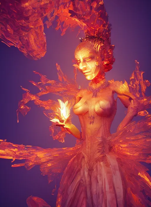 Image similar to underworld dungeon, closeup of an anthropomorphic fire goddess wrapped in a flowing couture flaming tissue paper, holographic chrysanthemums, fire origami flowers, heavenly light, 3 d, very detailed, octane render, trending artstation, artgem