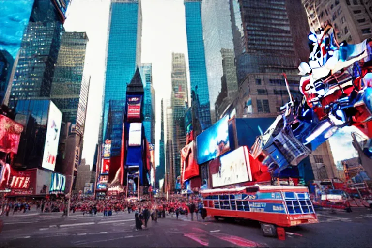 Image similar to optimus prime and godzilla in times square, cinestill, anamorphic lens