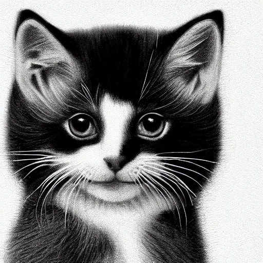 Image similar to black and white drawing of a baby kitten, floating head, white background