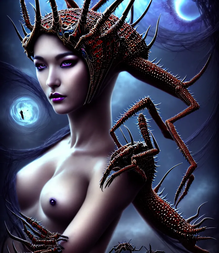 Image similar to close up portrait on the enchanting femenine queen of the zerg, hyper attractive, seductive, very complex, hyper-maximalist, overdetailed, legendary cinematic, darkfantasy, archetype with timeless beauty breathtaking eyes, her spider like legs spread evenly around her framing the image, collossal alien ship in the sky behind her, highly intricate, digital art, very elegant, HDR 8K, biblical art, realism, incomprehensible yet perspicious detail, unbeatable quality, silent hill aesthetic, photorealistic, lifelike, DSLR 8k, unbeatable coherency, Omnious intricate, octane render, created Nixeu & z--ed from deviantart