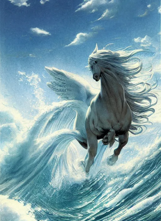 Prompt: pegasus runing through ocean wave, exquisite details, denoised, mid view, byi by alan lee, norman rockwell, makoto shinkai, kim jung giu, poster art, game art