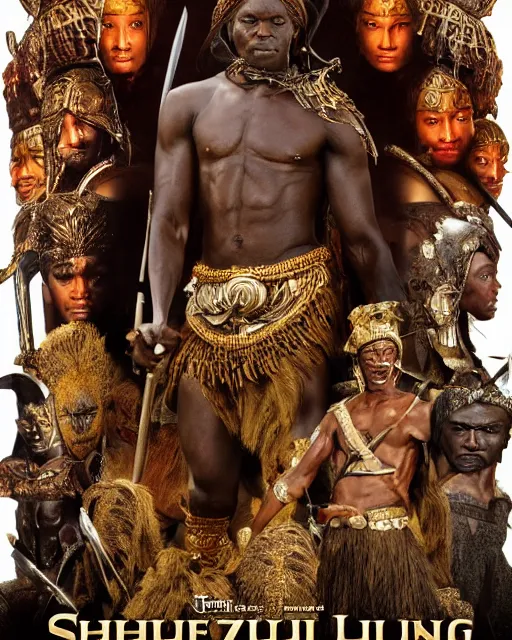 Image similar to Movie poster of Shaka Zulu, Highly Detailed, A master piece of storytelling, wide angle, cinematic shot, Battle, War, Violent, highly detailed, cinematic lighting, by frank frazetta + ilya repin , 8k, hd, high resolution print