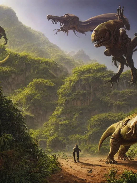 Prompt: a concept art of T-Rex hunting in the Alien Plant Wasteland, Tim Hildebrandt,Stephan Martiniere,James Paick,Ted Nasmith,trending on artstation,full of colors,mythological,ultra realistic,high detail,golden ratio,cinematic lighting,maximalist