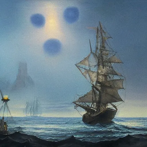 Prompt: an ancient sailing ship off the shore of a beautiful coastline with an omenous biopunk tower with glowing lights rising in the distance, a big scary tower with evil lights coming from it, painting by John Berkley