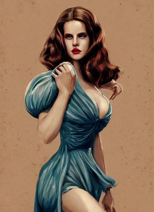 Image similar to lana del rey as a heroine with a dress inspired by american horror story, holding her chest, large bosum, digital painting, artstation, concept art, smooth, sharp focus, illustration, in - frame, centered, art by artgerm and donato giancola and joseph christian leyendecker, ross tran, wlop