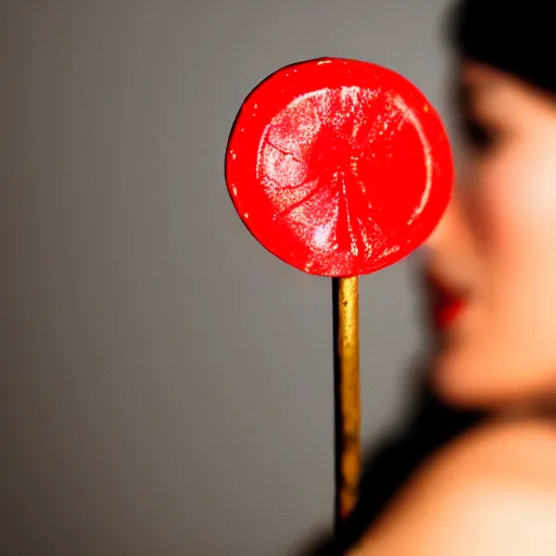 Prompt: Close-up photo of a red lollipop on a woman's open lips, rule of thirds, depth of field, realistic, dimly lit background