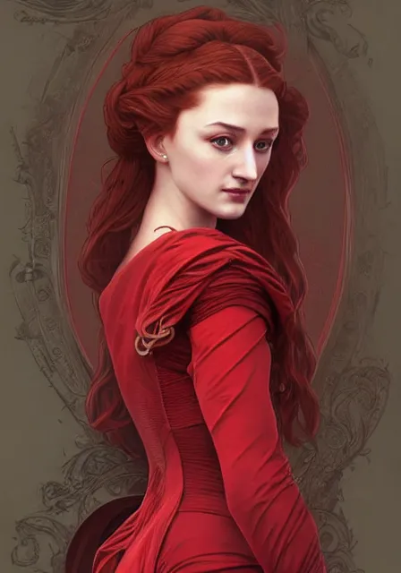 Image similar to portrait of sansa stark in red crimson, intricate, elegant, highly detailed, digital painting, artstation, concept art, smooth, sharp focus, illustration, art by artgerm and greg rutkowski and alphonse mucha and william - adolphe bouguereau