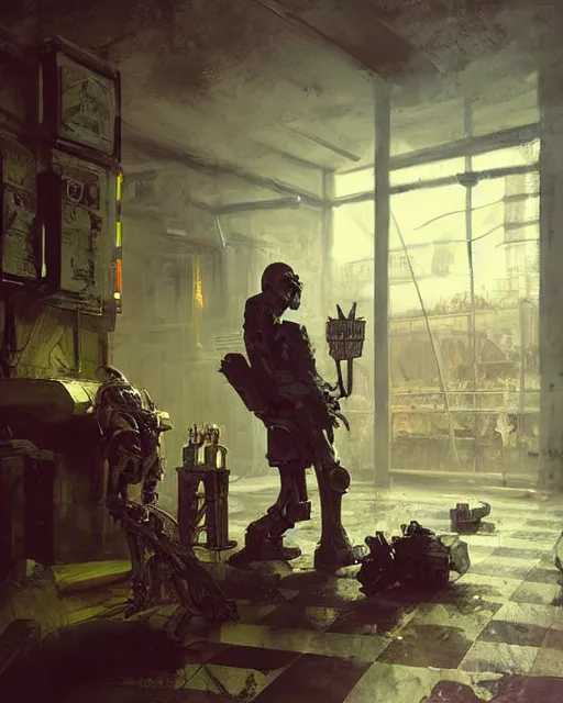 Image similar to a highly detailed epic cinematic concept art CG render digital painting artwork: A robot playing chess with a dead old man in a decayed gas station. volumetric lighting. By Greg Rutkowski, in the style of Francis Bacon and Syd Mead and Norman Rockwell and Beksinski, open ceiling, highly detailed, painted by Francis Bacon and Edward Hopper, painted by James Gilleard, surrealism, airbrush, Ilya Kuvshinov, WLOP, Stanley Artgerm, very coherent, triadic color scheme, art by Takato Yamamoto and James Jean