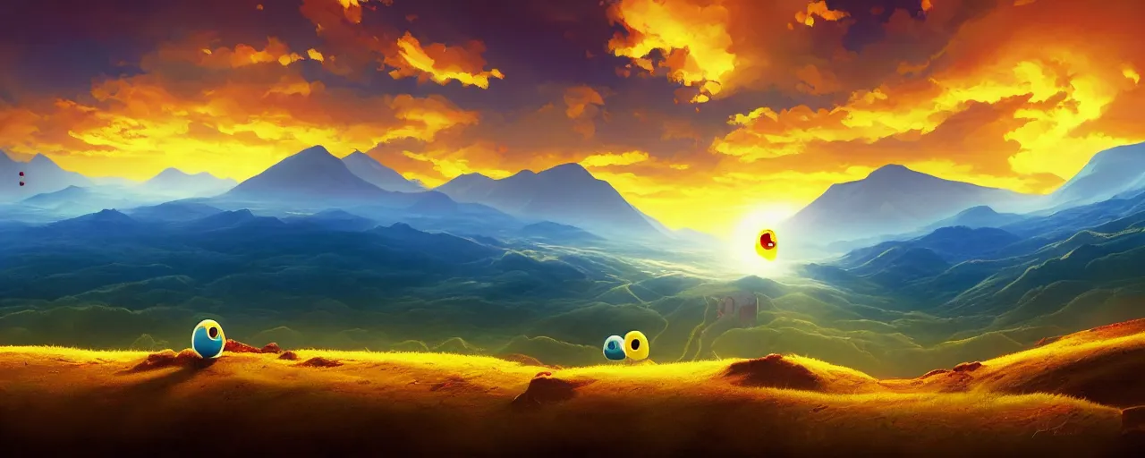 Image similar to detailed round pacman being chased by ghosts, in a beautiful nature landscape with clouds, mountains, in background, sunset, by rhads, round pacman, detailed, coherent