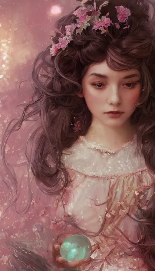 Image similar to portrait of magical lolita girl, dreamy and ethereal, pink eyes, peaceful expression, ornate frilly dress, fantasy, intricate, elegant, rainbow bubbles, highly detailed, digital painting, artstation, concept art, smooth, sharp focus, illustration, art by artgerm and greg rutkowski and alphonse mucha