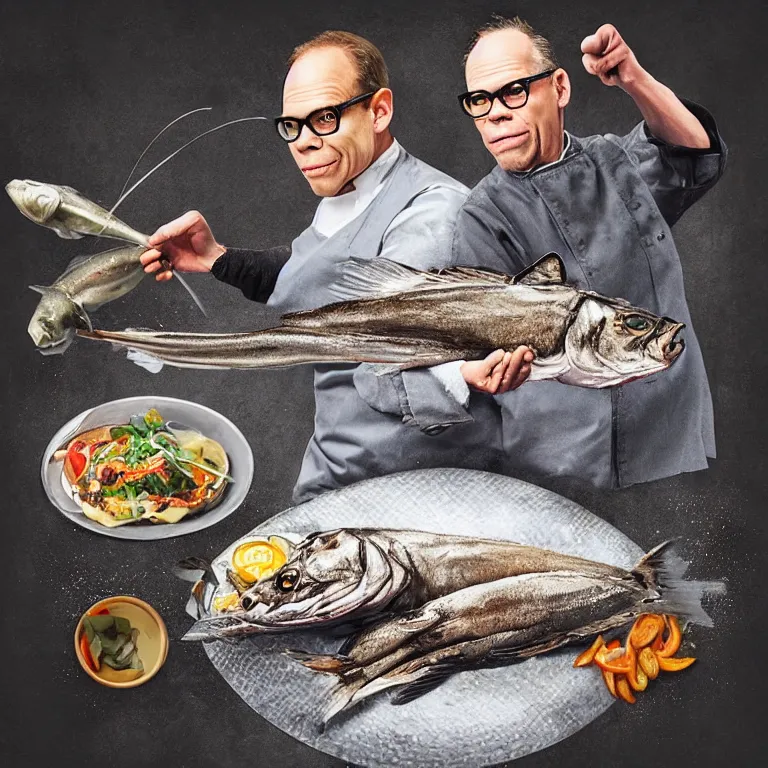 Image similar to “chef Alton Brown and a grey cat cooking a whole fish on iron chef, digital art, hyperdetailed, 8k”