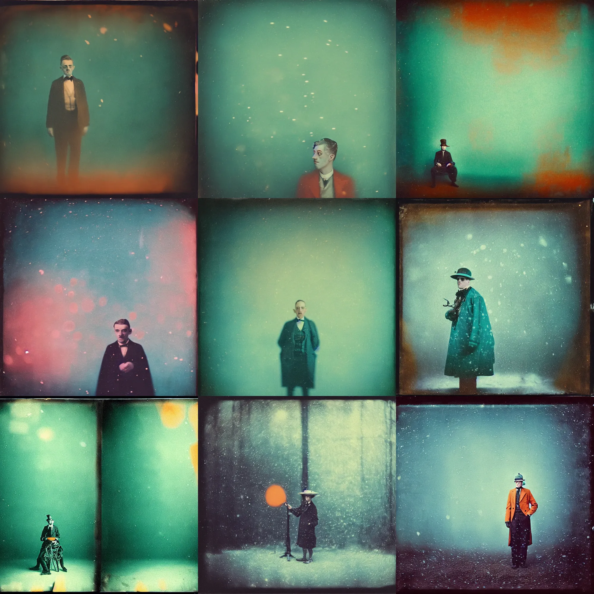 Image similar to kodak portra 4 0 0, wetplate, muted colours, teal orange, 1 9 1 0 s style, motion blur, portrait photo of a backdrop, sparkling, stargazer, snow, fog, by georges melies and by britt marling