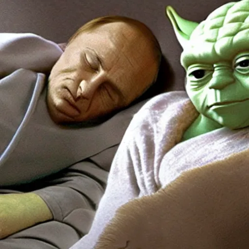 Prompt: putin sleeping in bed next to yoda