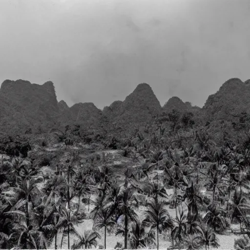 Prompt: establishing shot, vietnamese jungle with elderich horrors looming, 1 9 6 0 s photography