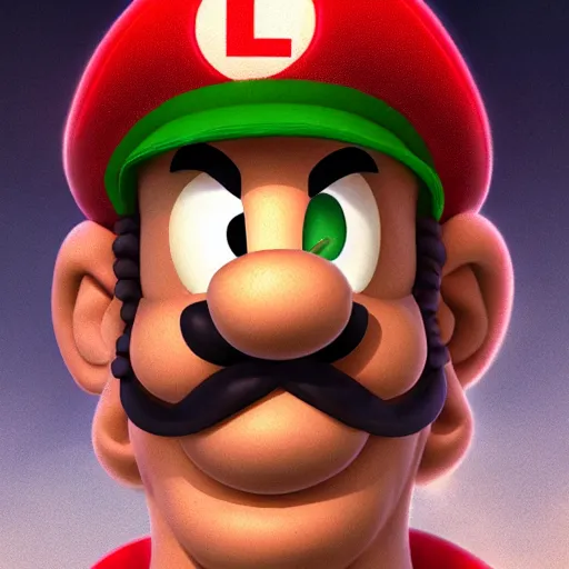 Prompt: professional fantasy art of sad luigi, with s on hat, long thin drooping dangling moustache, very sad face, looking at camera, professional art, dnd, fantasy art, red moon, matte painting, volumetric lighting, unreal engine 5, very detailed art