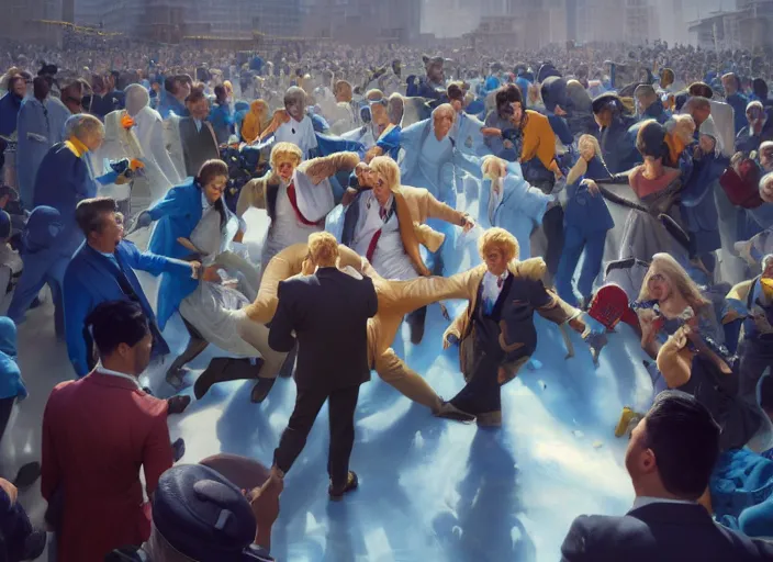 Prompt: a blond man in a blue suit wounded surrounded by a crowd, organic painting, sunny day, matte painting, bold shapes, hard edges, street art, trending on artstation, by huang guangjian, gil elvgren, ruan jia, randy vargas, greg rutkowski