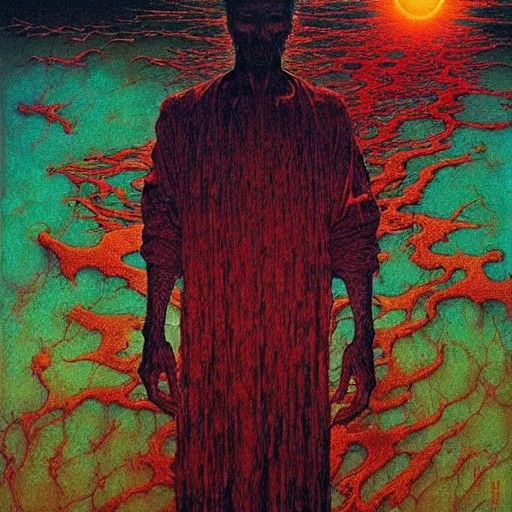 Image similar to the cult leader stands at the altar as sunlight pours into his open arms, high detailed beksinski painting, by adrian ghenie and gerhard richter. art by takato yamamoto. masterpiece, deep colours.