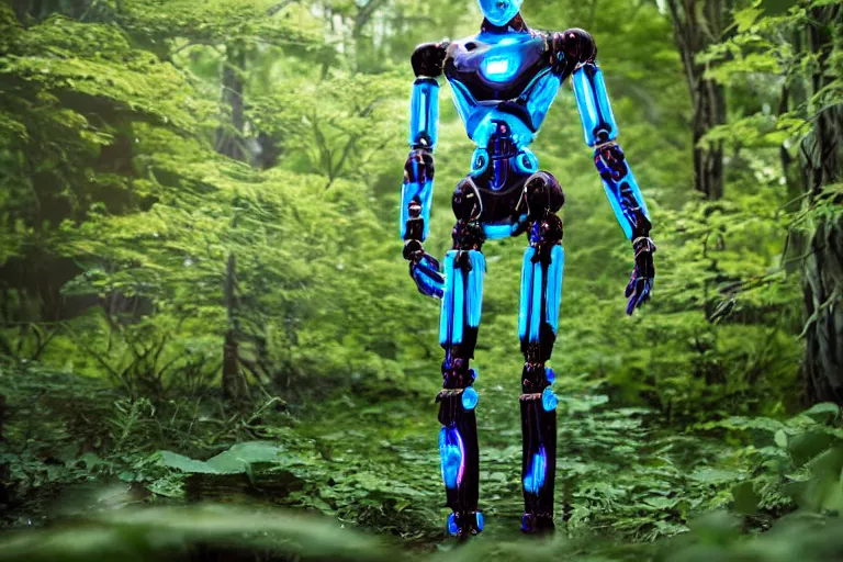 Prompt: photograph of an androgynoid robot in the arboretum of the inter - galactic spaceship, 8 k, beautiful lighting, shallow depth of field, ultra realistic, hyper - detailed, sci - fi movie style, coherent composition,