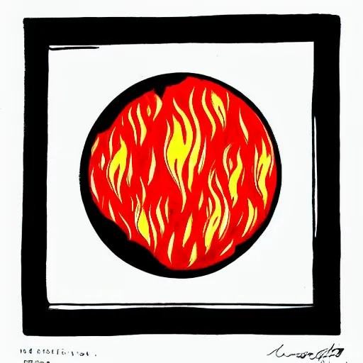 Prompt: high contrast black ink on white paper ball of flames block print illustration