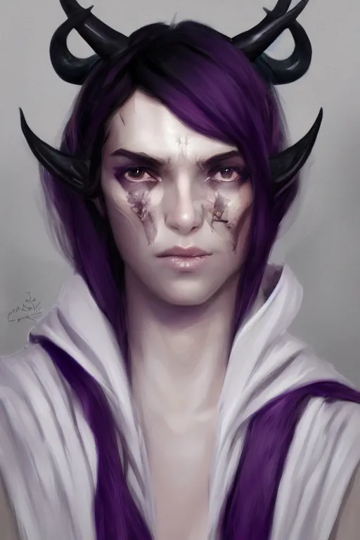 Prompt: white horns djinn human mix, arab black hair , portrait, concept art, purple and white thich cloak, single face, illustration, costume design, editorial photo, fashion, hyperrealism, realism, trending on artstation, Charlie Bowater, WLOP