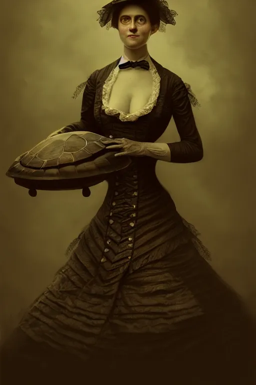 Image similar to wet plate photograph of an anthropomorphic turtle as a victorian - era woman in a dress, dramatic lighting, highly detailed, digital painting, artstation, concept art, smooth, sharp focus, illustration, art by wlop, mars ravelo and greg rutkowski