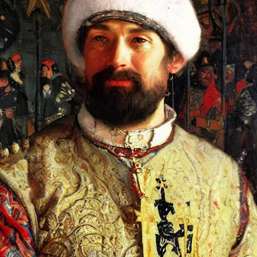 Prompt: portrait of medieval russian tsar in Cap of Monomakh sitting and holding iphone smartphone cellular masterpiece painting by vasnetsov and surikov serov, JEAN-VICTOR BERTIN, by Terence Cuneo, detailed, artfully traced, 4k resolution, cinematic, dramatic