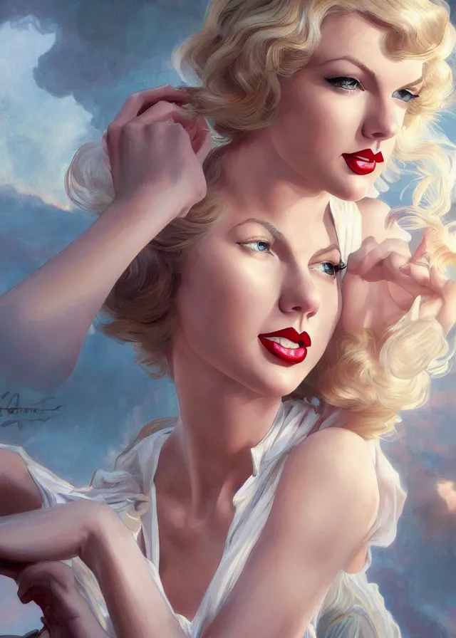 Prompt: ful length centerfold of taylor swift as a young marilyn monroe, elegant, flat lighting, intricate, highly detailed, digital painting, artstation, concept art, smooth, sharp focus, illustration, closeup, misa amane, art by simon bisley and greg rutkowski and alphonse mucha, novel cover