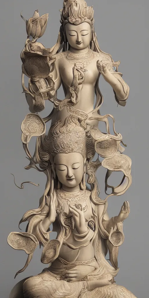 Image similar to a multi armed quan yin sculpture, standing in meditation holding a comically large lotus flower, digital art, artstation, concept art, beautiful porcelain statue,