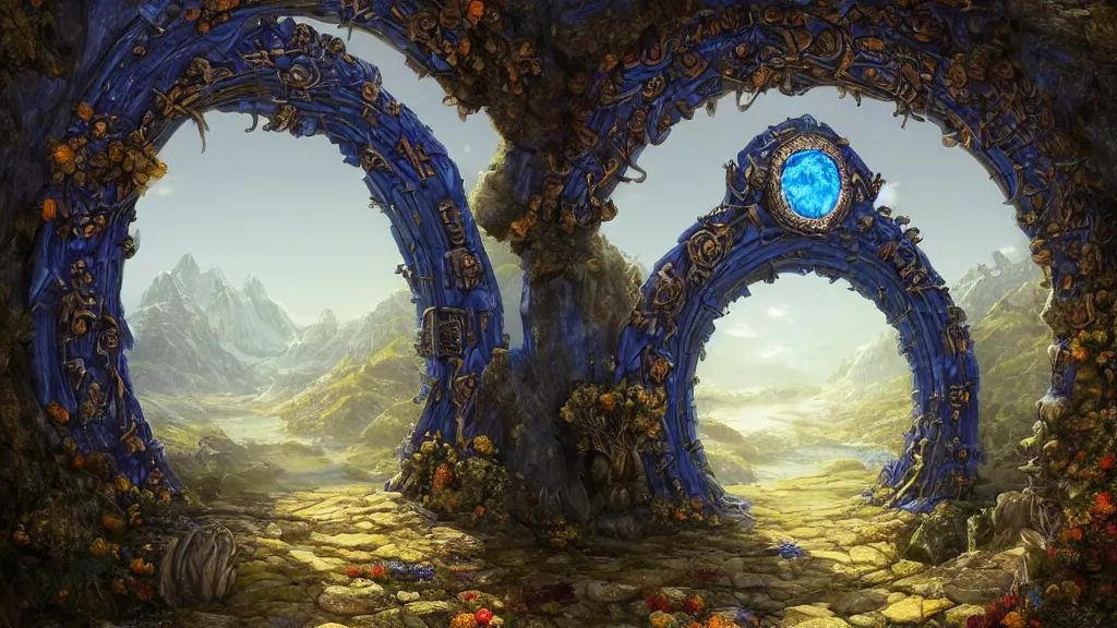 Image similar to A giant medieval fantasy blue energy portal gate with a rusty gold carved lion face at the center of it, the portal takes you to another world, full of colorful flowers on the lost Vibes and mountains in the background, spring, delicate fog, sea breeze rises in the air, by andreas rocha and john howe, and Martin Johnson Heade, featured on artstation, featured on behance, golden ratio, ultrawide angle, f32, well composed