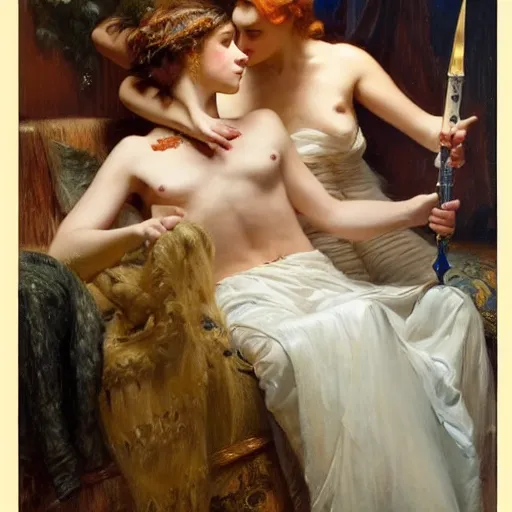 Image similar to a cinematic shot of a young woman killed her lover with a dagger, extremely realistic and highly detailed painting by gaston bussiere and j. c. leyendecker 8 k