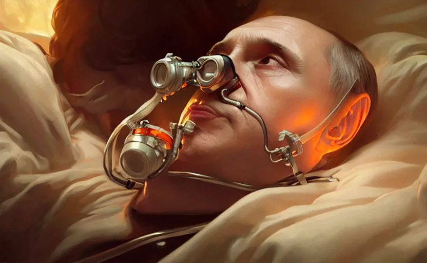 Image similar to Putin suffocates with oxygen mask on a death bed, intricate, portrait, highly detailed, digital painting, artstation, concept art, smooth, sharp focus, illustration, cinematic lighting, art by artgerm and greg rutkowski and alphonse mucha