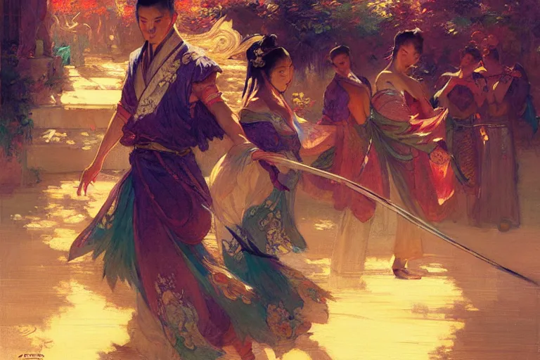 Image similar to wuxia, spring, neon light, painting by gaston bussiere, craig mullins, j. c. leyendecker