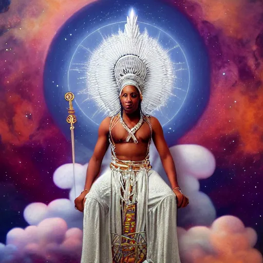 Image similar to obatala the cosmic god sitting on a throne of nebula clouds, by amanda sage and amanda clark, matte painting, orisha, 8k, hd