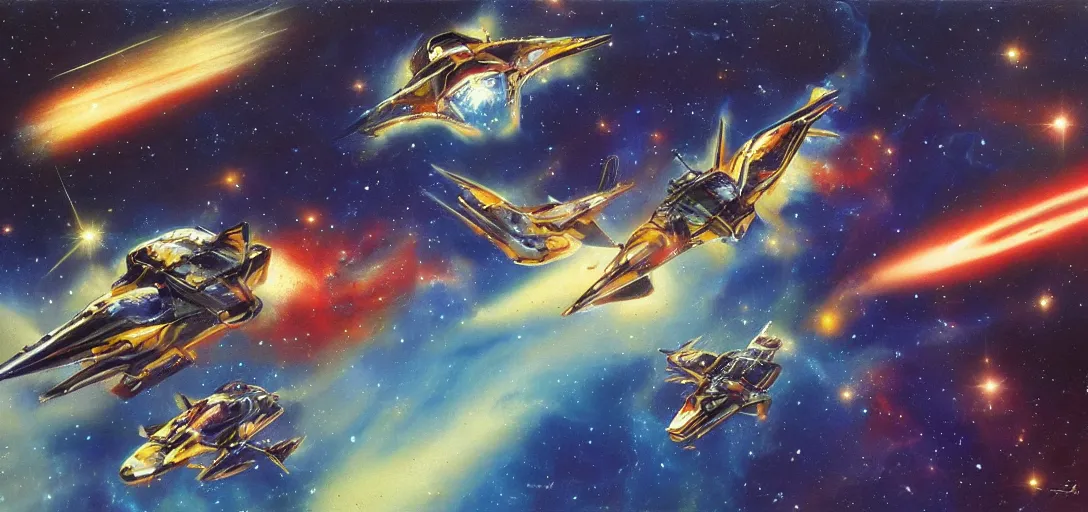 Image similar to a starship and spaceship battle across the oil painted nebula, lasers in mid flight, by chris foss, syd mead, ralph mcquarie, art station, high detail, award winning, psychedelic and glittering, cinematic composistion