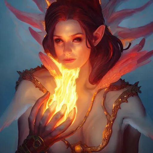 Image similar to a fantastical glowing elf made of fire illustrated by artgerm and greg rutkowski