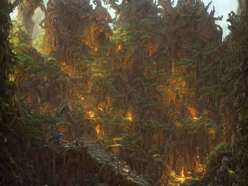 Image similar to deadly path to the crocodile god lair, menacing statues, deep focus, d & d, fantasy, intricate, elegant, highly detailed, digital painting, artstation, concept art, matte, sharp focus, illustration, hearthstone, art by artgerm and greg rutkowski and alphonse mucha