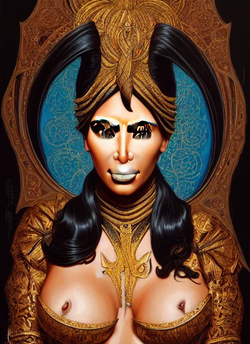 Prompt: : Kim Kardashian fantasy, fantasy magic,  , intricate, sharp focus, illustration, highly detailed, digital painting, concept art, jahbu art and Paul lewin and kehinde wiley, masterpiece