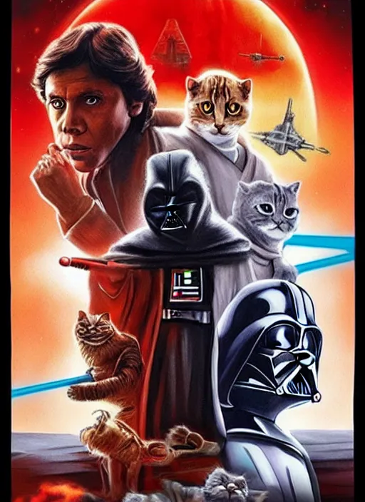 Image similar to star wars movie poster but with cats