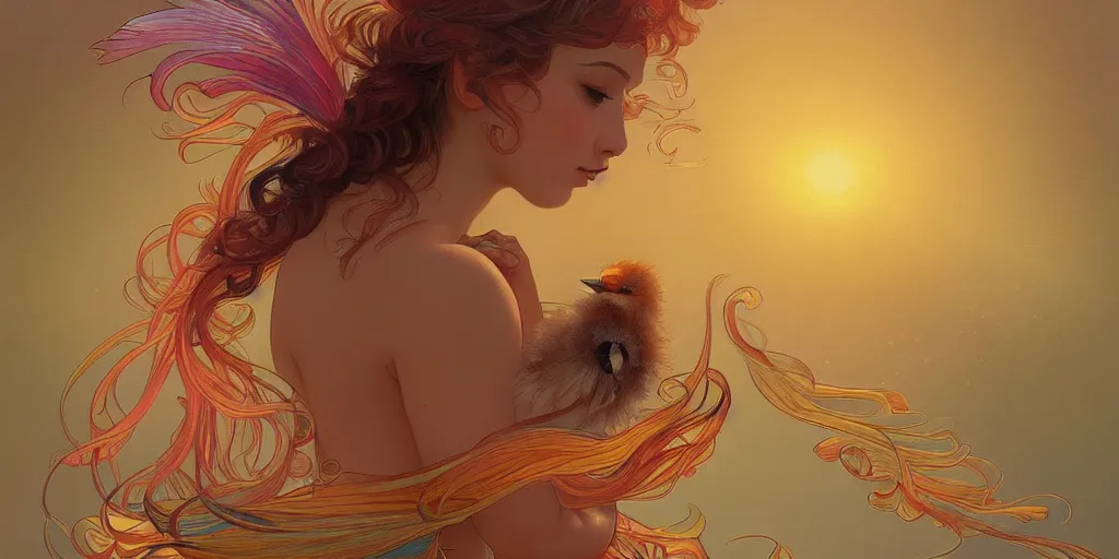 Image similar to baby bird catches the worm, sunrise, rainbow, fantasy, intricate, very very beautiful, elegant, highly detailed, digital painting, artstation, concept art, smooth, sharp focus, illustration, art by alphonse mucha
