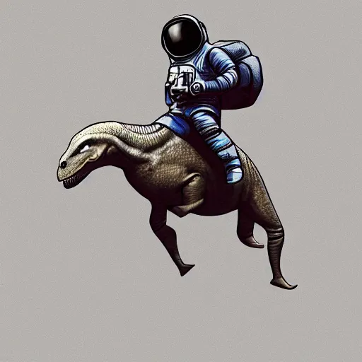 Image similar to an astronaut riding on a dinosaur, digital art