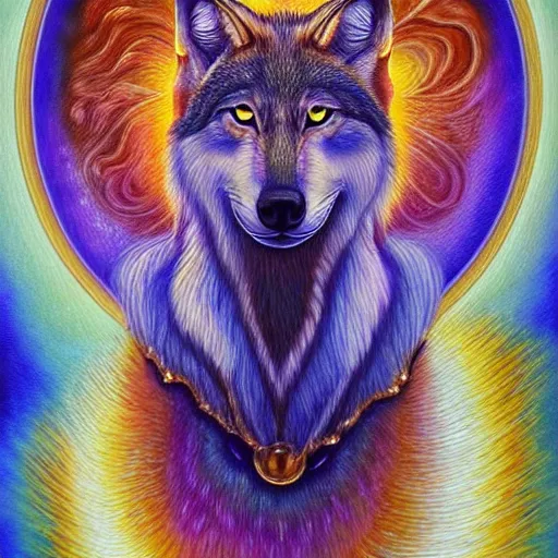 Image similar to spirit wolf by GEOGLYPHIKS by FABIÁN JIMÉNEZ by MICHAEL DIVINE by AMANDA SAGE in the style of oil painting visionary art, intricate oil painting artwork. , trending on artstation, very coherent symmetrical artwork, oil painting