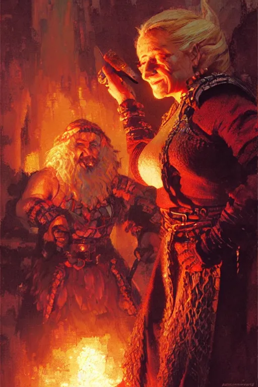 Image similar to queen of the dwarves, on fire, punching another dwarf portrait dnd, painting by gaston bussiere, craig mullins, greg rutkowski, yoji shinkawa