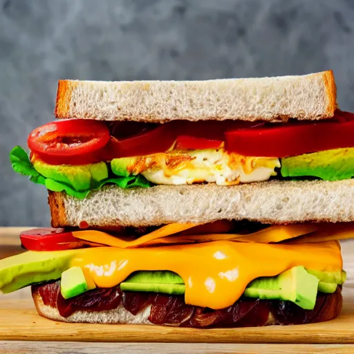 Image similar to sandwich of 1 0 feets of height, with fried tofu, one red tomato slice, mayo, onion, avocado, melted cheddar, red dish, background : jupiter and stars in the sky