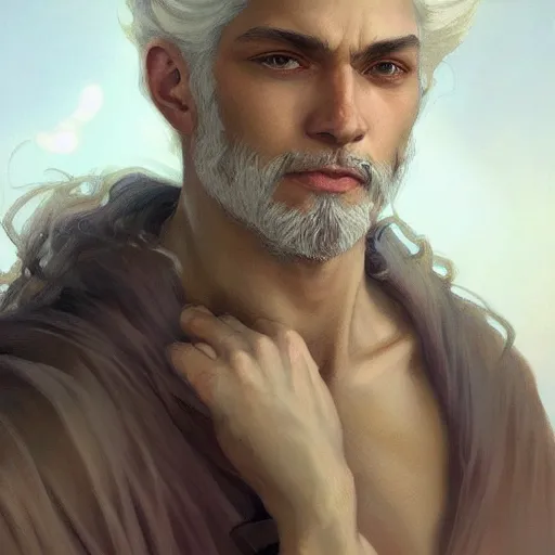 Prompt: beautiful, strong, mixed race, white hair, curly hair, small beard, male, face, head shot, fantasy, highly detailed, digital painting, artstation, concept art, smooth, sharp focus, illustration, art by artgerm and greg rutkowski and alphonse mucha