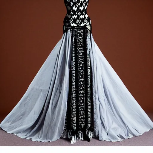 Prompt: fantastically beautiful long knitted large knitted evening dress. light colors. on top of the intricate black ornament openwork. and colored beads. asymmetrical. detailed. a masterpiece.