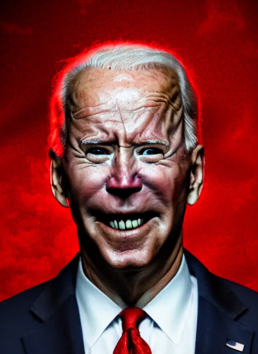 Prompt: hyper realistic ultra realistic horror terror dimensional photo furious glowing red eyes biden, high quality photo, detailed , 8k